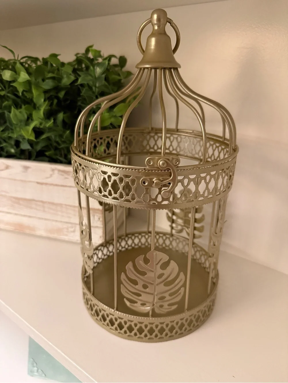 Gold Metal Birdcage Lantern Candle Holder Monstera Leaf Tropical Boho Decor